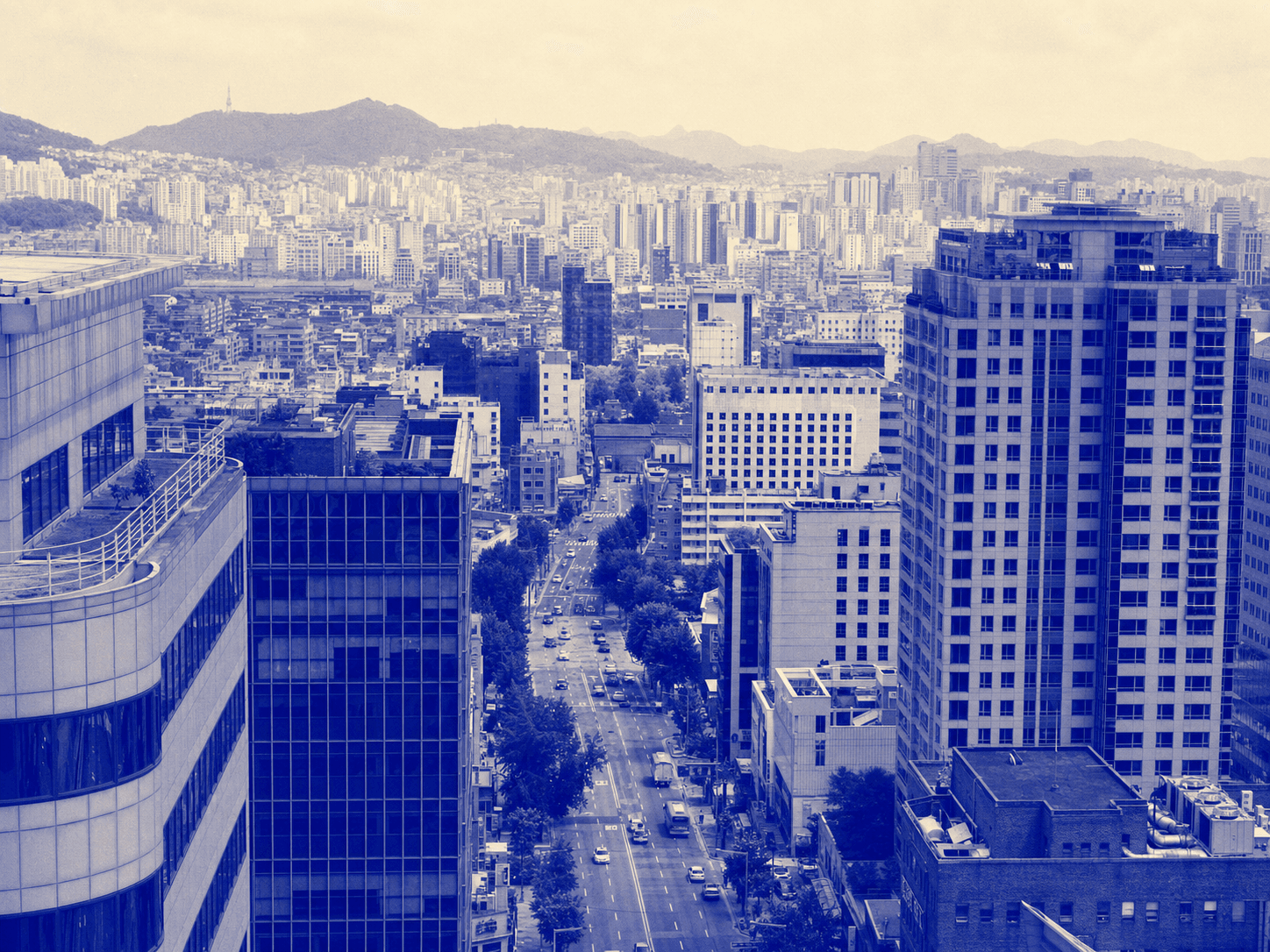 Cobalt-blue view of central Seoul
